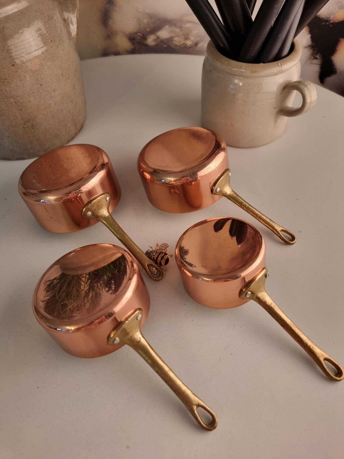 Vintage French Set Of Copper Saucepans, French Copper Pans, French Cookware photo furniture