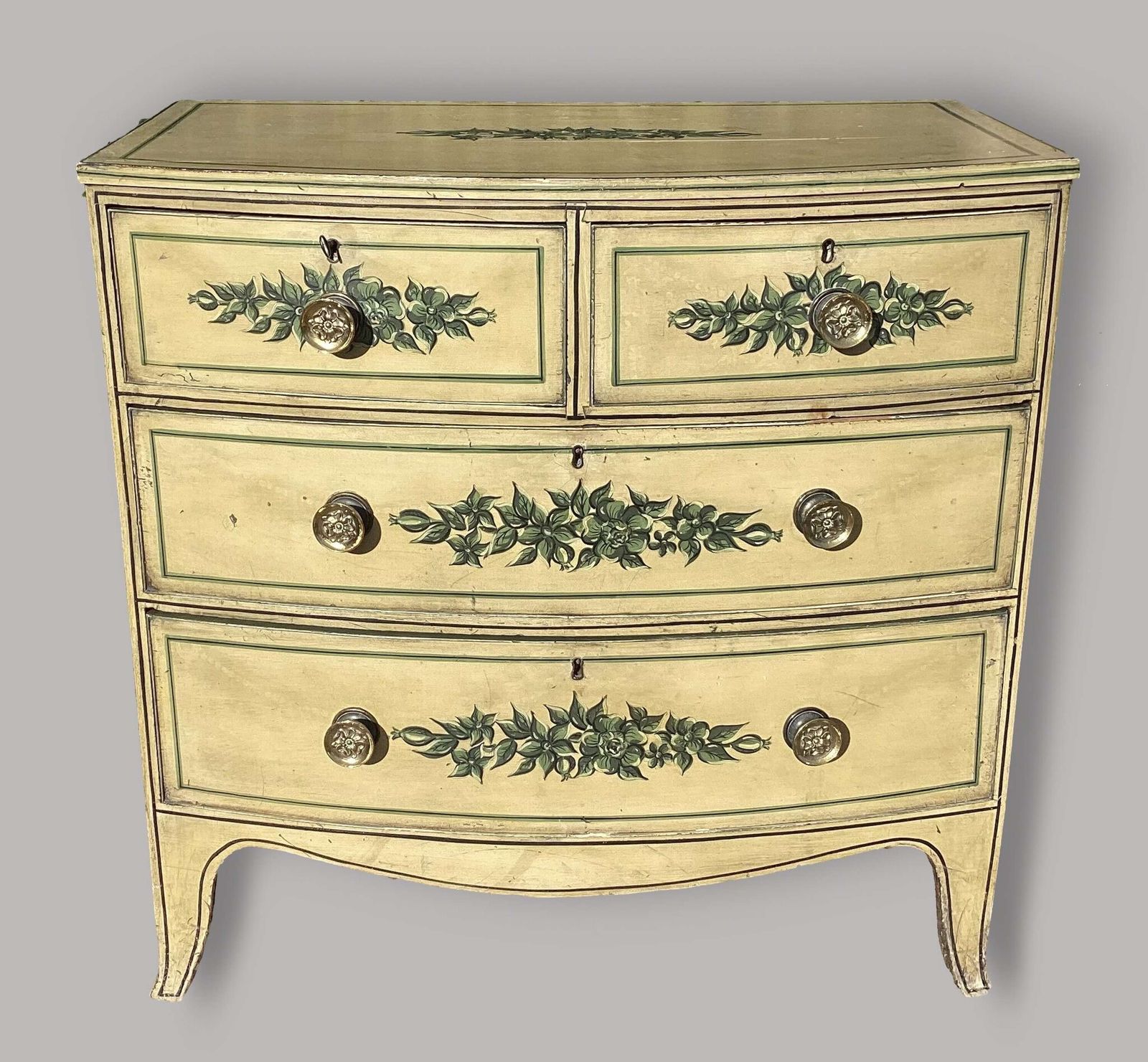 Charming Regency Painted Bow Fronted Chest Of Drawers
