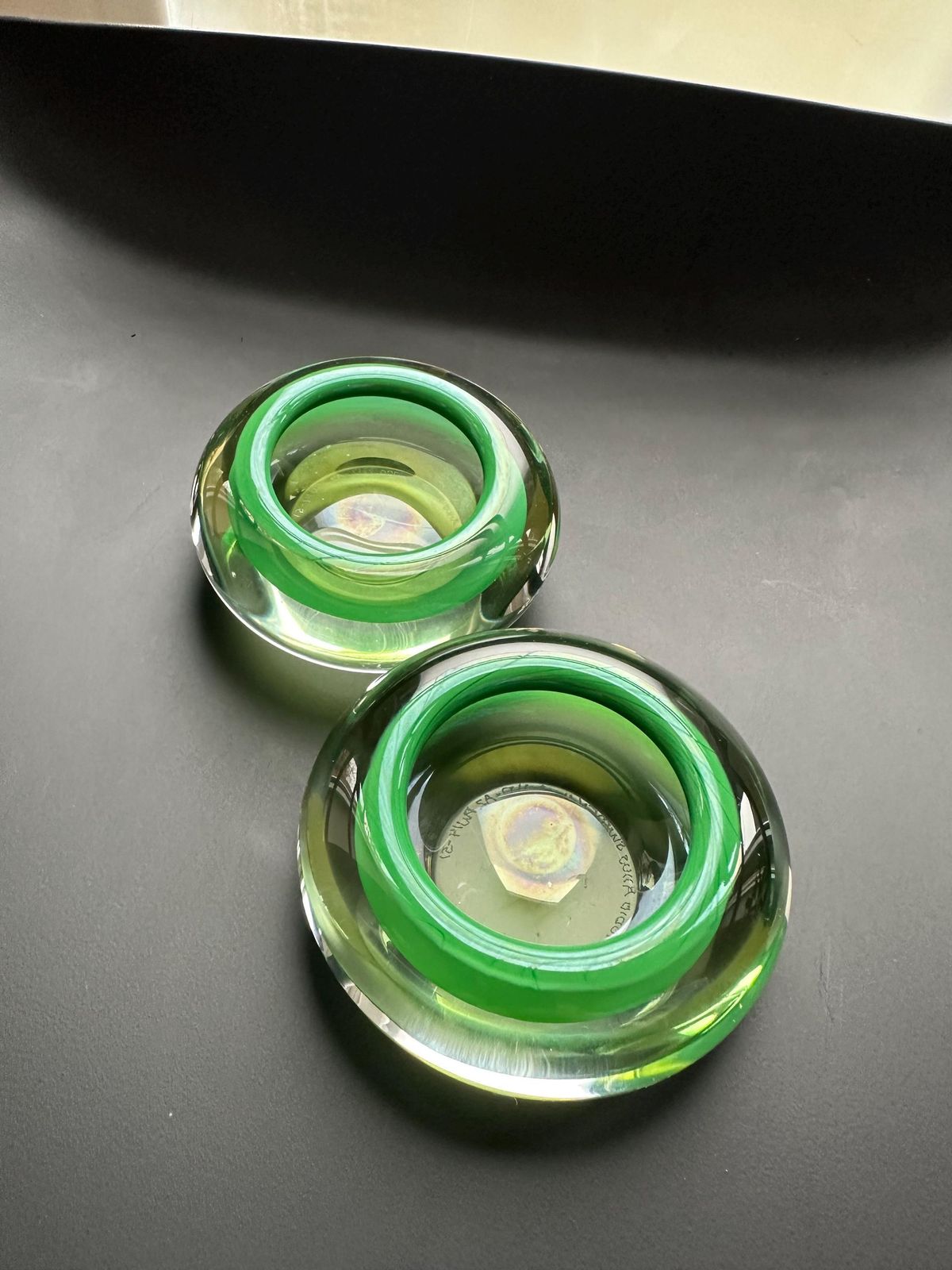 Hanne Dreutler Studio åhus 2000 Signed Swedish Studio Glass Votive Holders. Clear Cased Glass With Emerald Core, Sculptural Modern Design. photo for sale