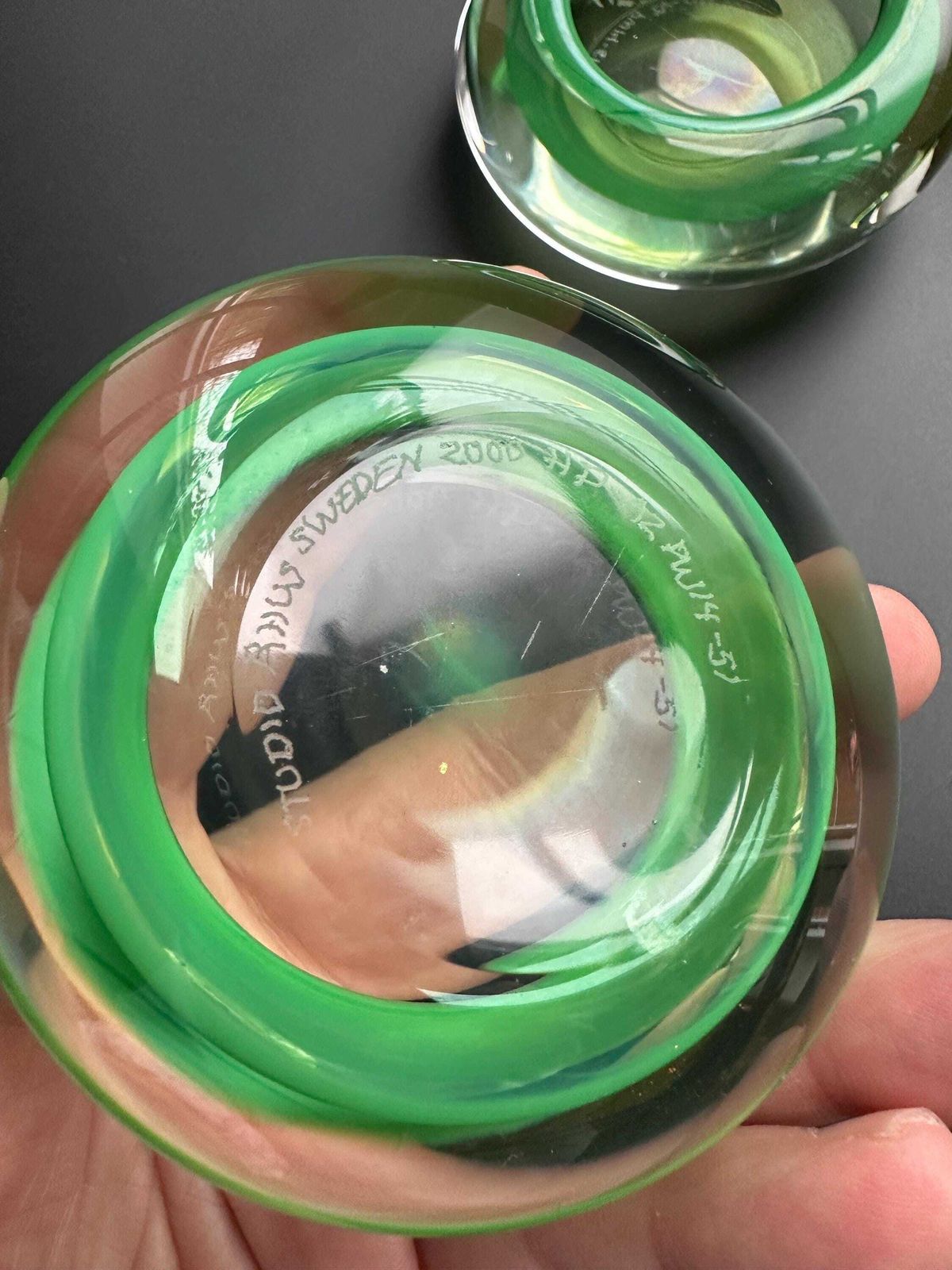Hanne Dreutler Studio åhus 2000 Signed Swedish Studio Glass Votive Holders. Clear Cased Glass With Emerald Core, Sculptural Modern Design. photo 240.0