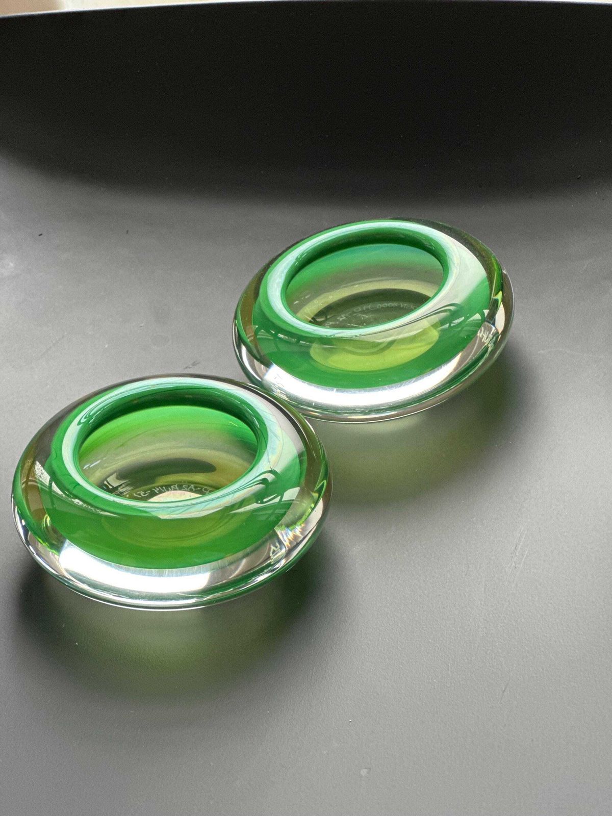 Hanne Dreutler Studio åhus 2000 Signed Swedish Studio Glass Votive Holders. Clear Cased Glass With Emerald Core, Sculptural Modern Design. photo buy
