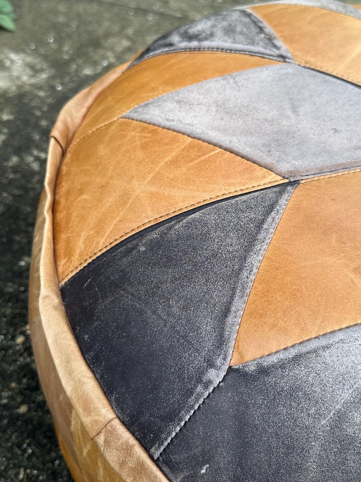 Vintage 1970s Large Moroccan Patchwork Leather Pouffe Ottoman Footstool photo vinterior