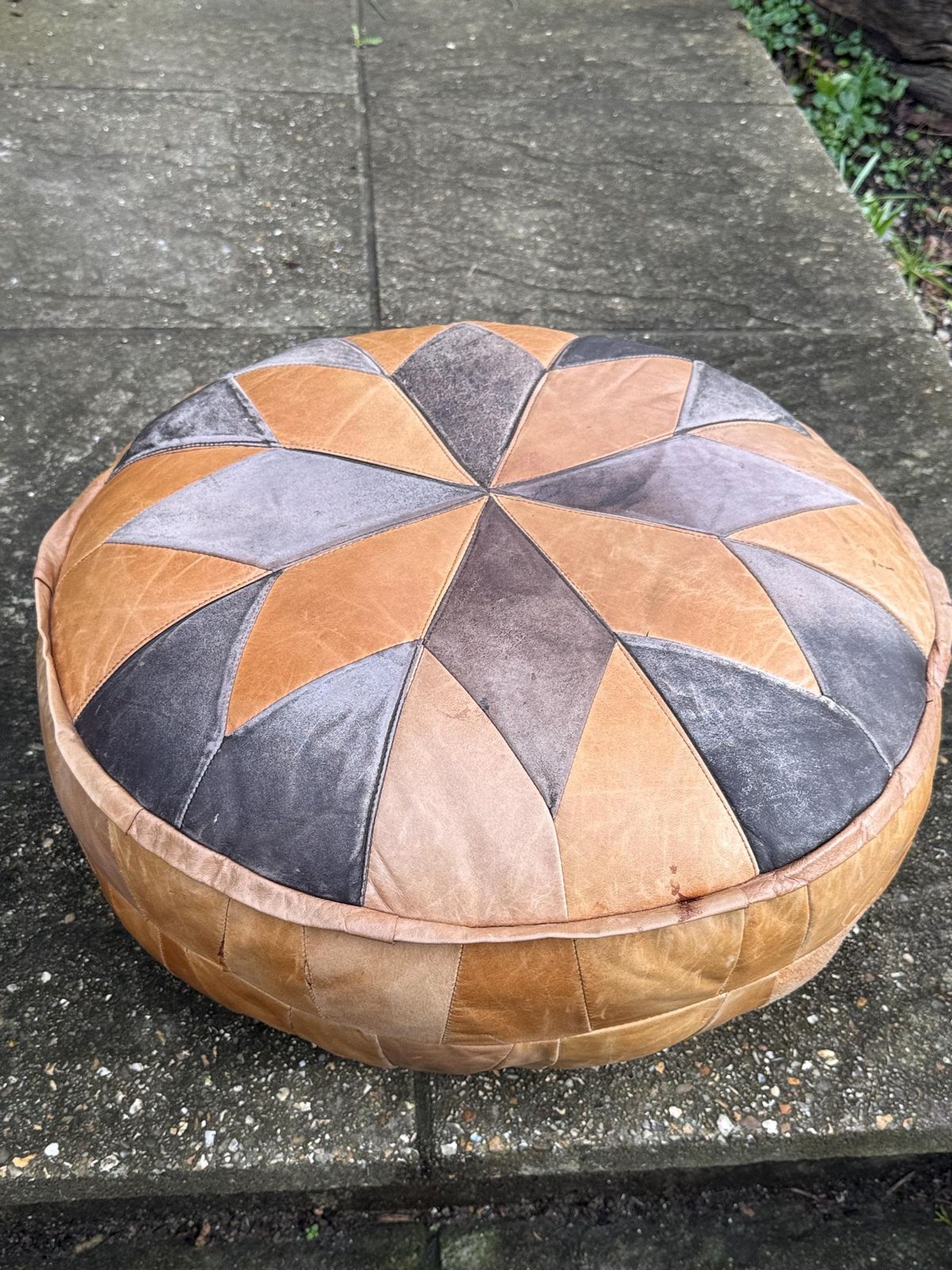 124.0 Vintage 1970s Large Moroccan Patchwork Leather Pouffe Ottoman Footstool photo