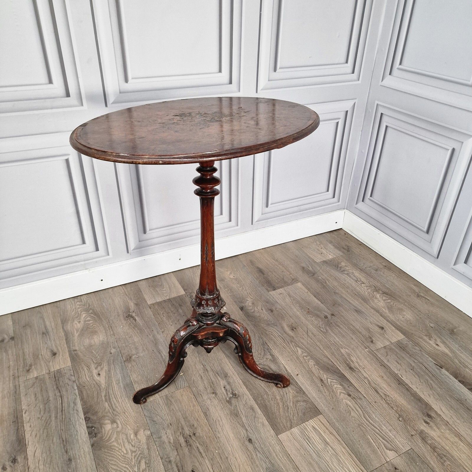 Antique Wooden Wine Table Turned Carved Decorative Inlaid Pedestal Leg