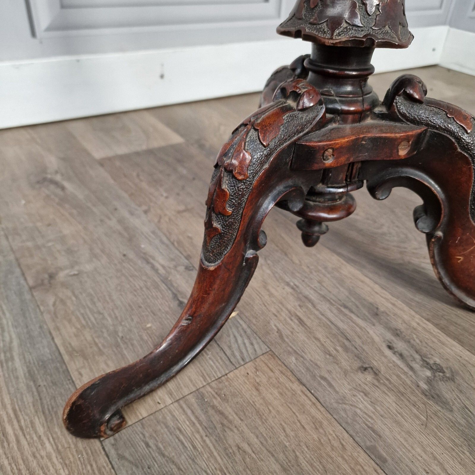 Antique Wooden Wine Table Turned Carved Decorative Inlaid Pedestal Leg photo 110.0