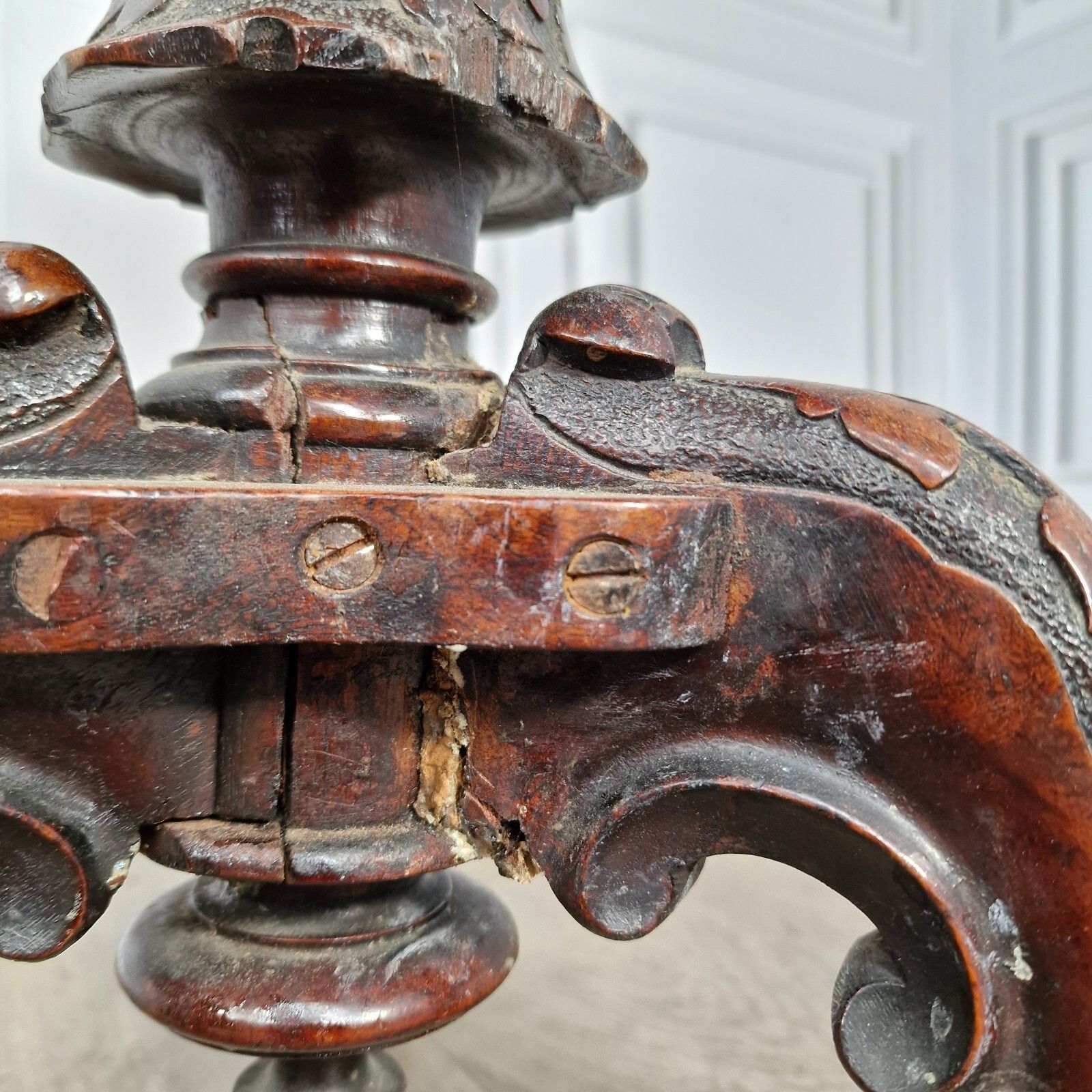 Antique Wooden Wine Table Turned Carved Decorative Inlaid Pedestal Leg photo vintage