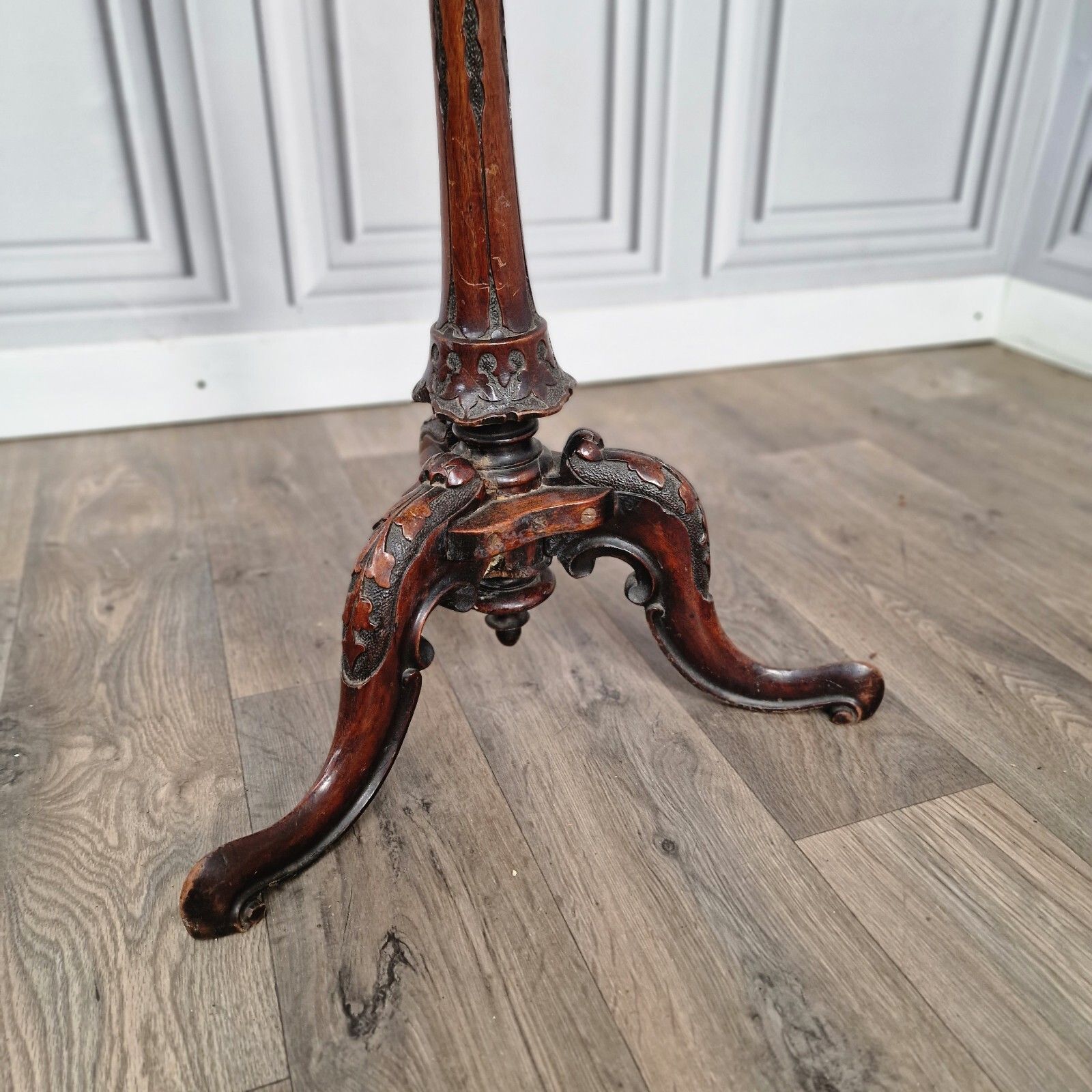 110.0 Antique Wooden Wine Table Turned Carved Decorative Inlaid Pedestal Leg photo