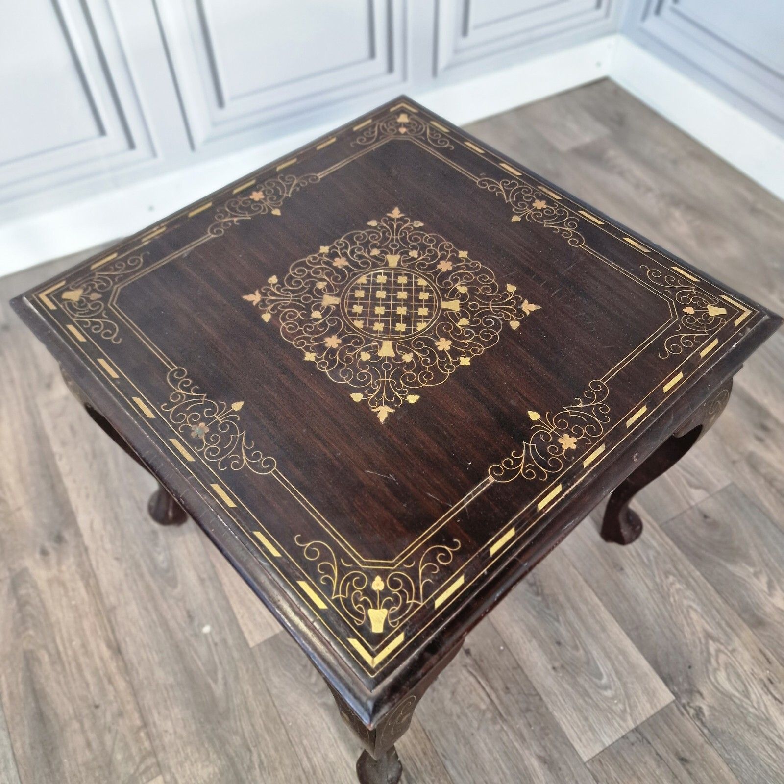 Antique Vintage Coffee Table Brass Inlaid Floral Decorative Queen Anne Wooden photo for sale