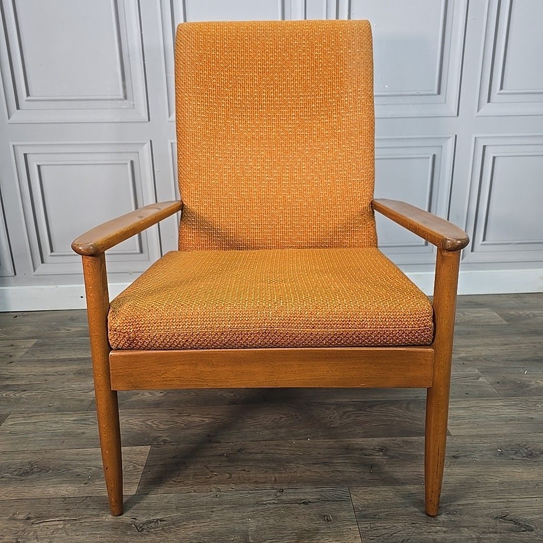 Vintage Armchair Mid Century Modern Teak Upholstered Fireside Chair Danish photo vinterior