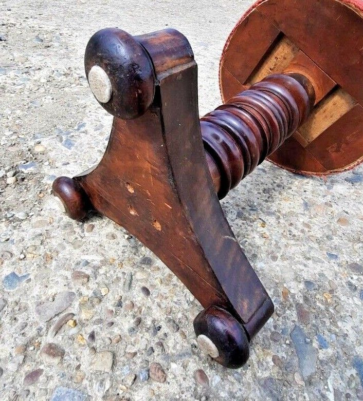 photo furniture Antique Piano Stool Wood Pedestal Red Upholstery Pub  Turned Wooden