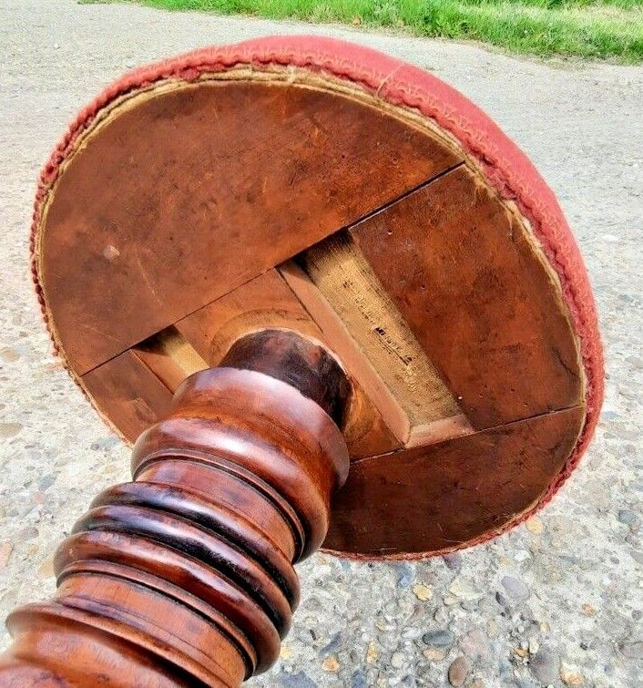 photo for sale Antique Piano Stool Wood Pedestal Red Upholstery Pub  Turned Wooden