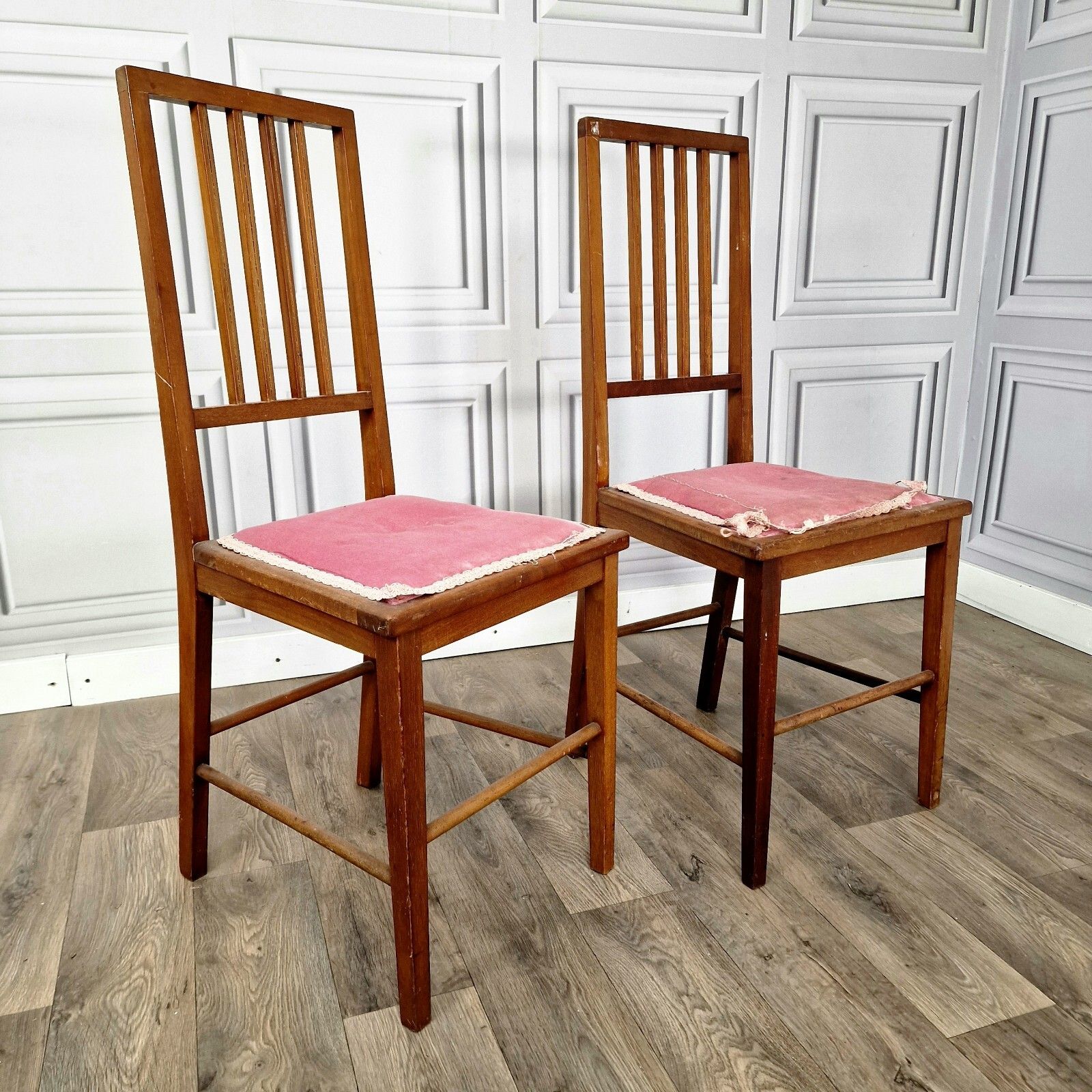 Pair X2 Antique Chairs Edwardian Wooden Slat Back  Upholstered Bedroom