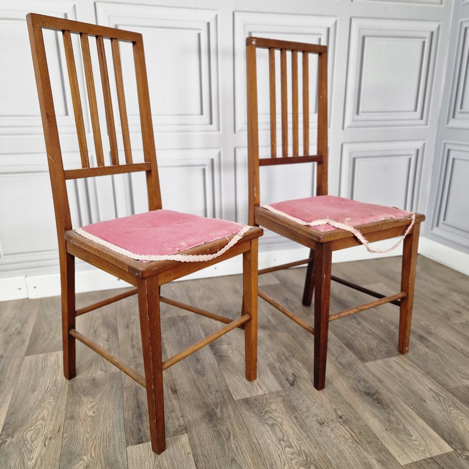 Pair X2 Antique Chairs Edwardian Wooden Slat Back  Upholstered Bedroom photo furniture