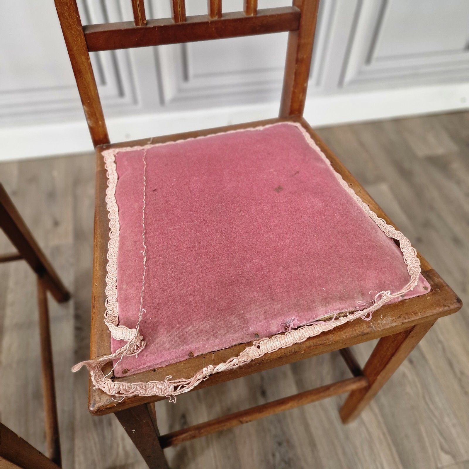 Pair X2 Antique Chairs Edwardian Wooden Slat Back  Upholstered Bedroom photo vintage