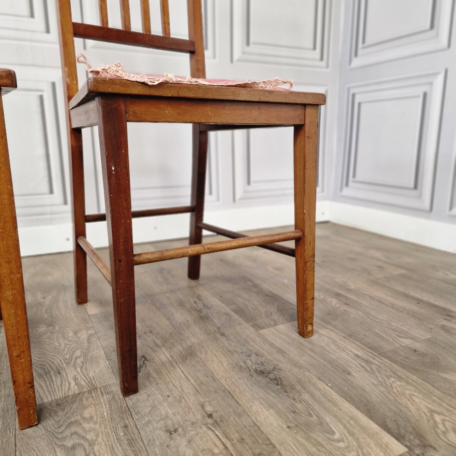photo for sale Pair X2 Antique Chairs Edwardian Wooden Slat Back  Upholstered Bedroom