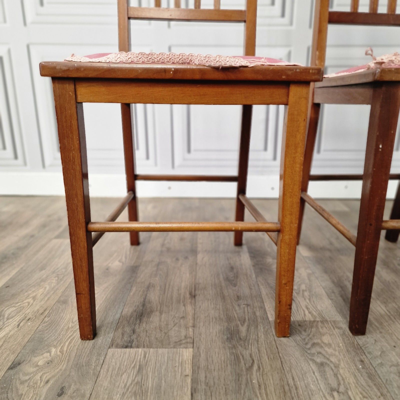 Furniture Pair X2 Antique Chairs Edwardian Wooden Slat Back  Upholstered Bedroom photo