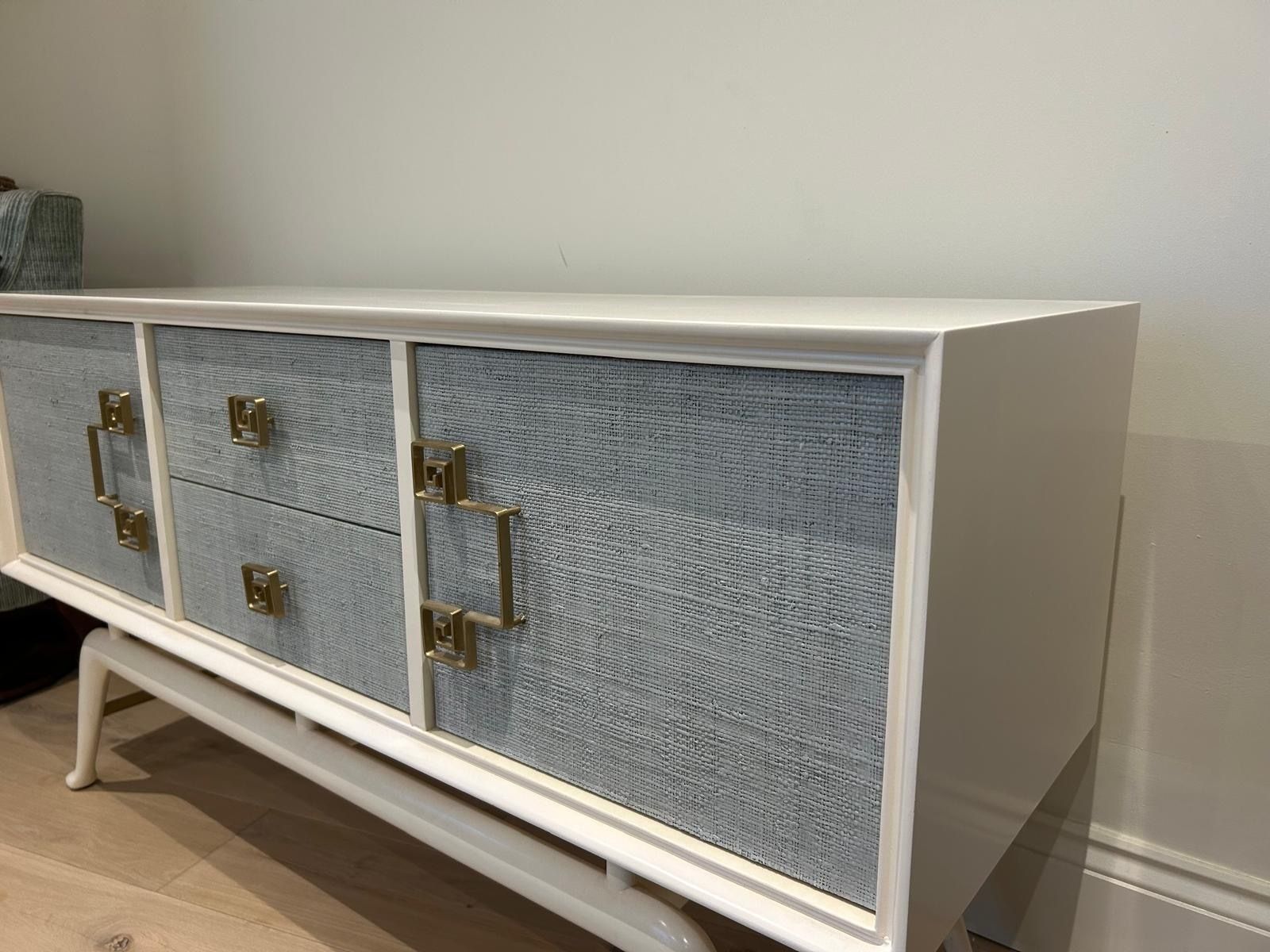 Jonathan Adler Siam Credenza Sideboard   Ivory Lacquered Mahogany With Ice Blue Natural Raffia Doors And Brass Features photo furniture