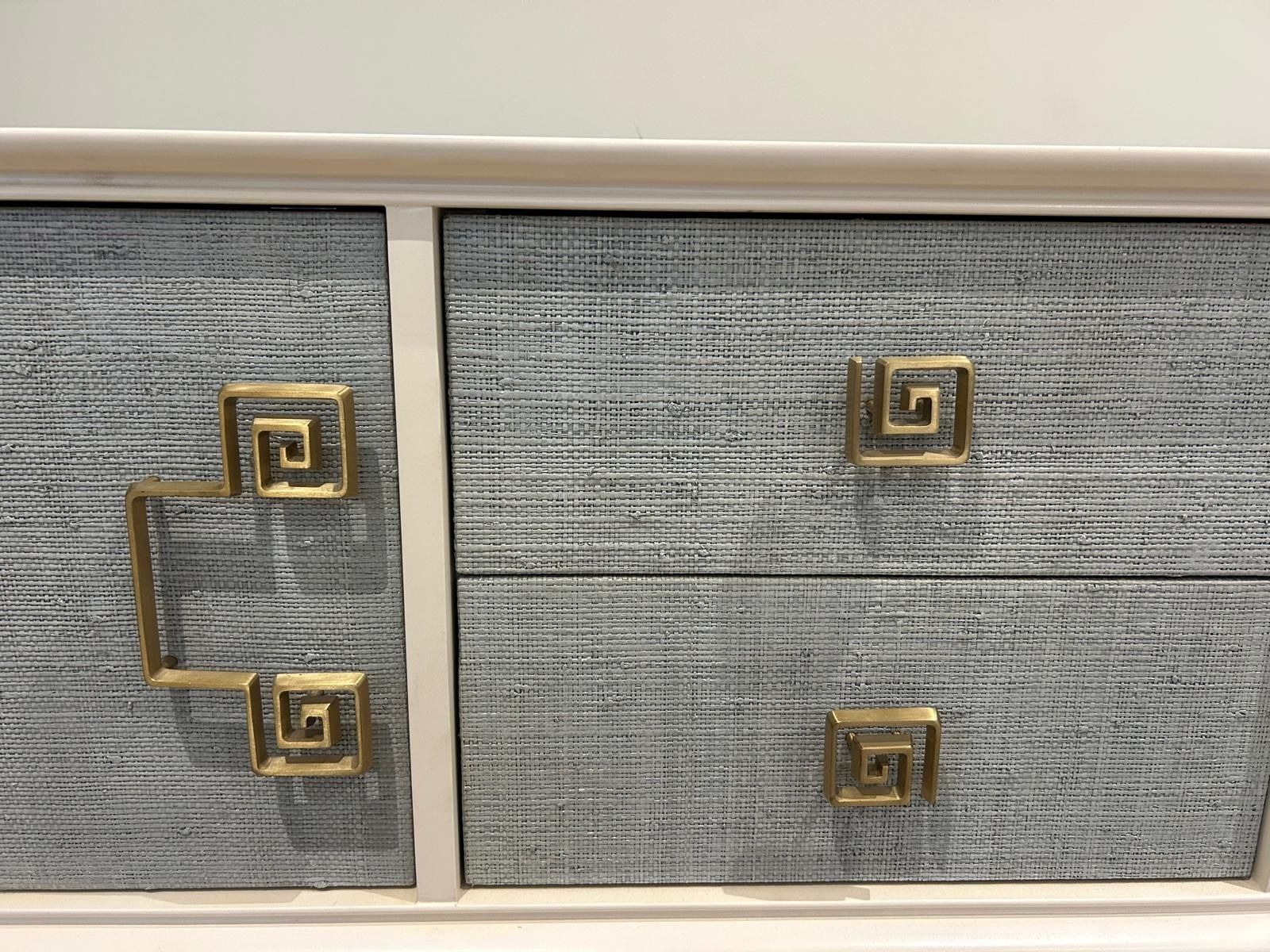 Jonathan Adler Siam Credenza Sideboard   Ivory Lacquered Mahogany With Ice Blue Natural Raffia Doors And Brass Features photo Furniture