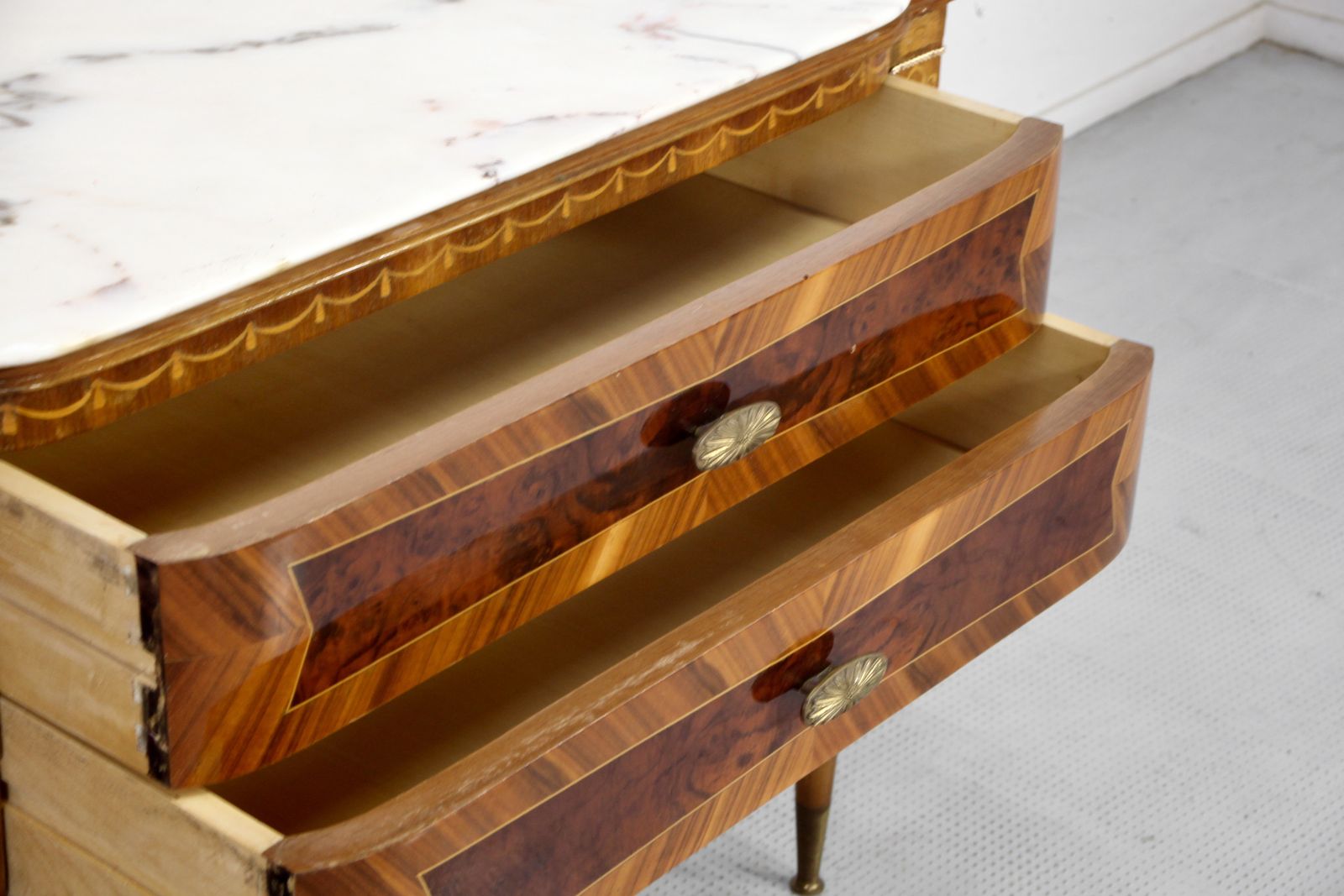 Italian Midcentury Sideboard In Walnut, Carrara Marble And Brass Manufactured In Cantu. photo vintage