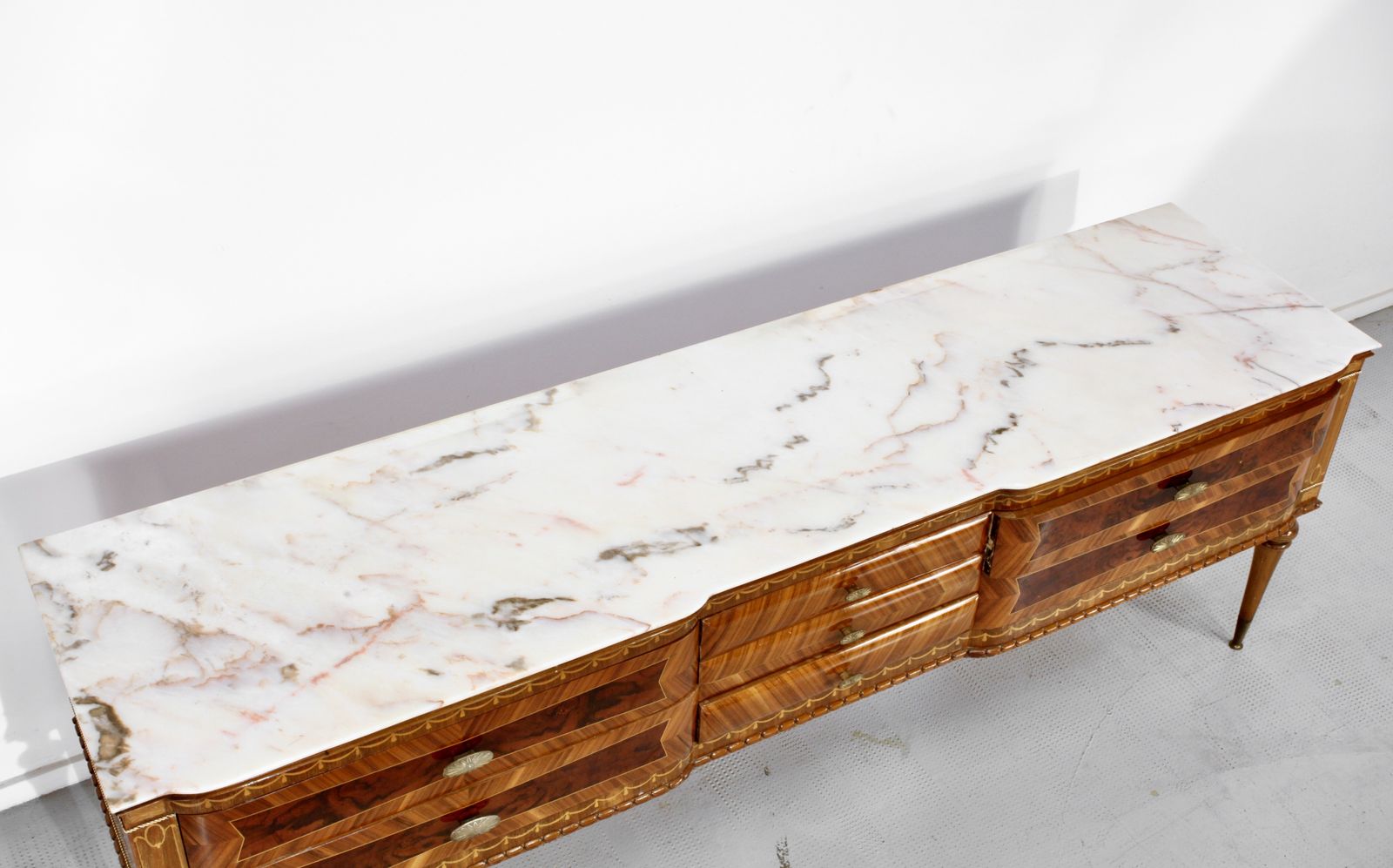 photo for sale Italian Midcentury Sideboard In Walnut, Carrara Marble And Brass Manufactured In Cantu.