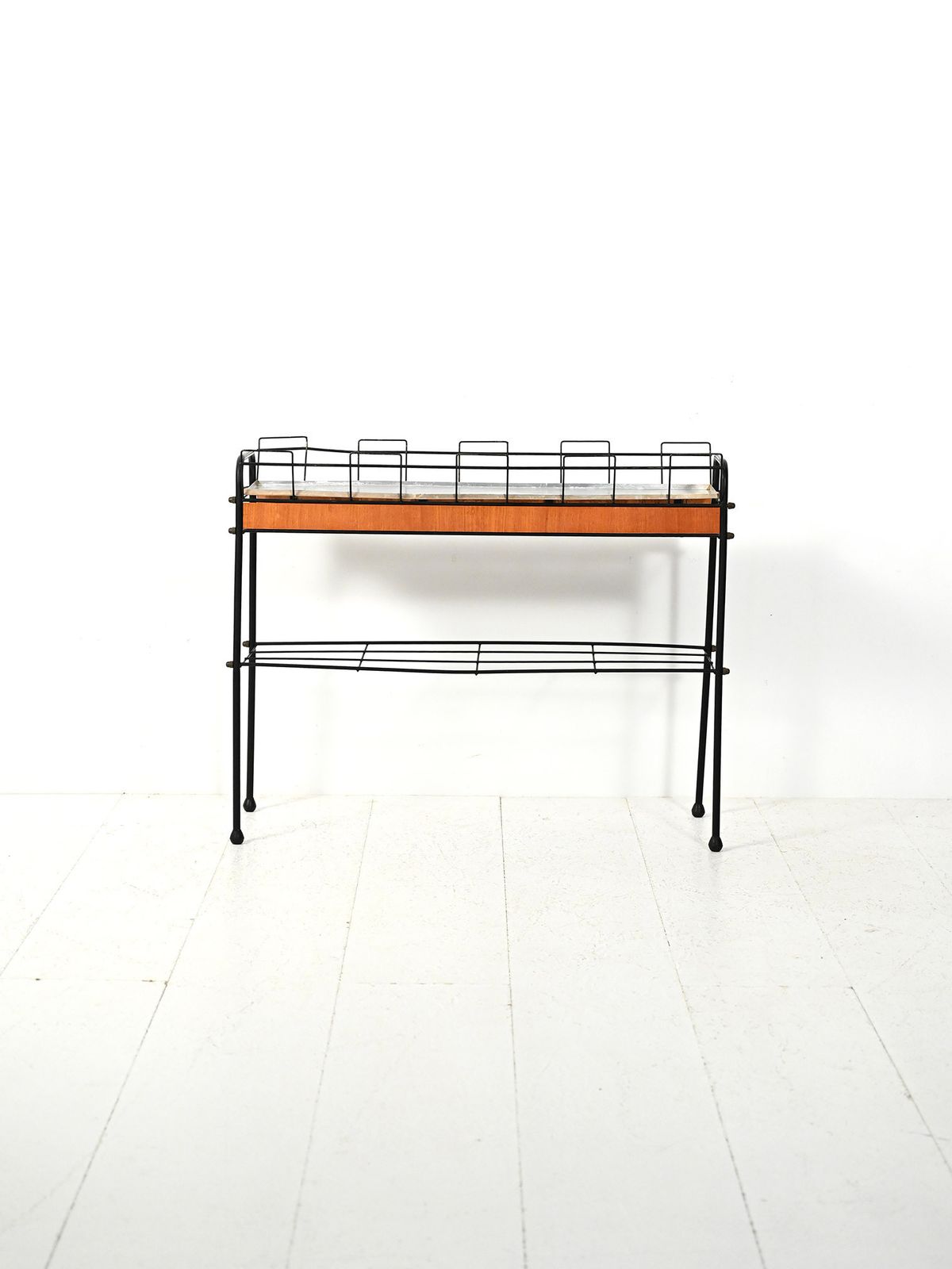 Scandinavian Flower Stand In Black Metal And Teak photo furniture