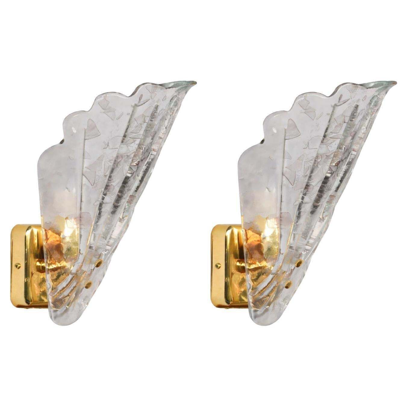 Set Of 2 Vintage Italian Murano Glass Wall Lamps, Gold Plated, 1970s