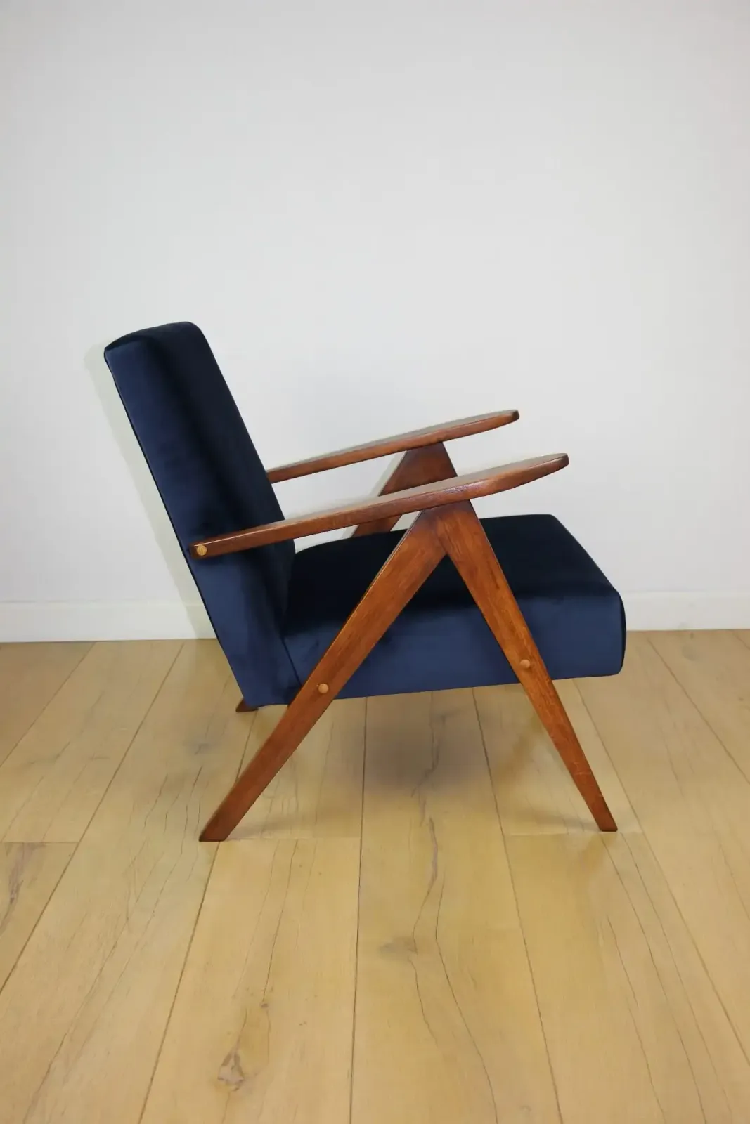 Furniture Classic Armchair Var B 310 1960s Vintage Navy Blue Velvet   Dark Wood photo