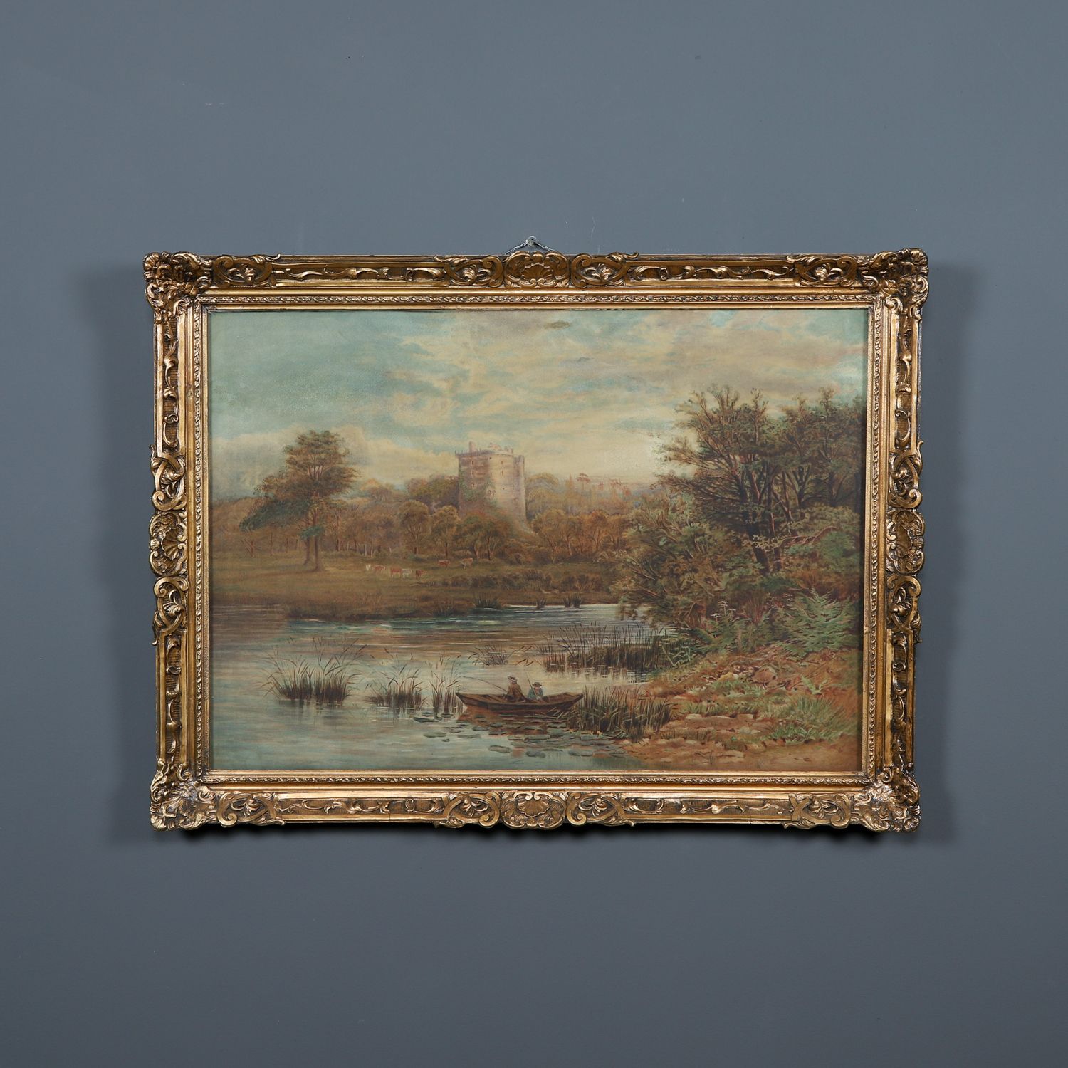 Large Antique English Watercolour Painting Picture Of A Castle & River Landscape Scene By David Cox Jnr. (Circa 1840)