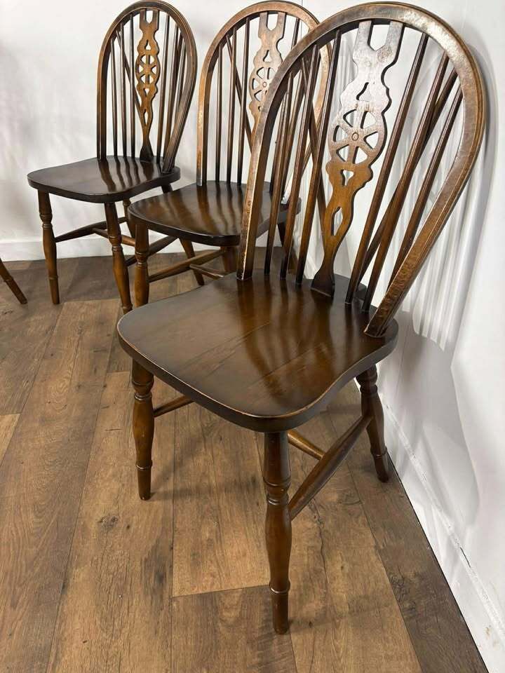 Vintage Set Of Four Dark Oak Wheel Back Chairs photo vintage