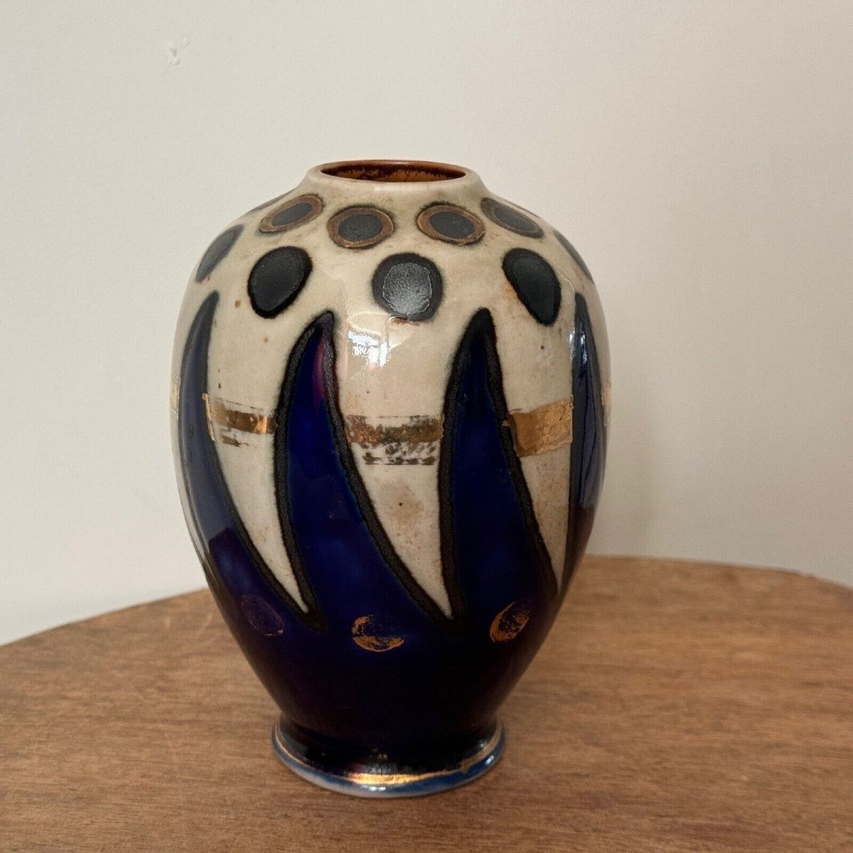 Vase From 1930, Manufactured In Quimper By Odetta, With Gilt Highlights photo Art
