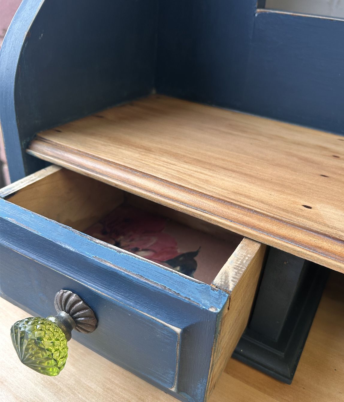 Antique Painted Dressing Chest With Mirror – Deep Blue & Natural Wood photo vinterior