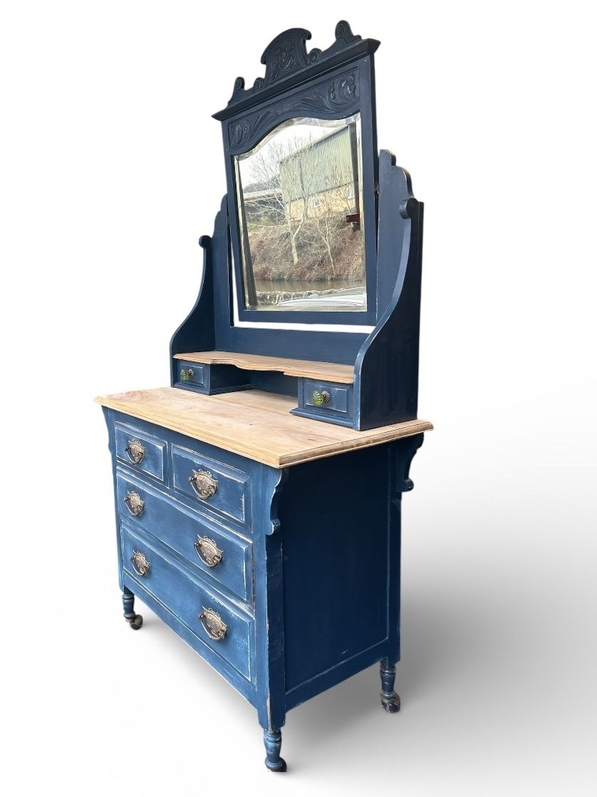 Antique Painted Dressing Chest With Mirror – Deep Blue & Natural Wood photo furniture