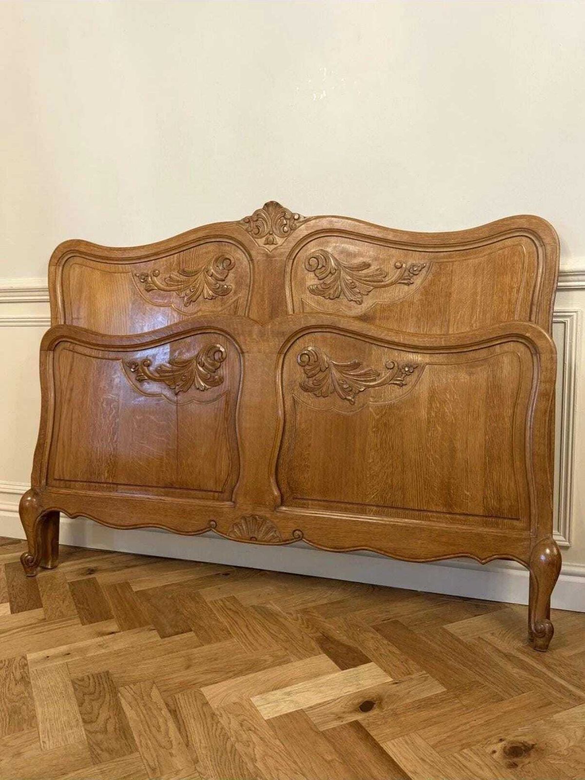 French Vintage Provincial Style 1950s Oak Carved Bedframe (4ft 6” Mattress) photo vintage