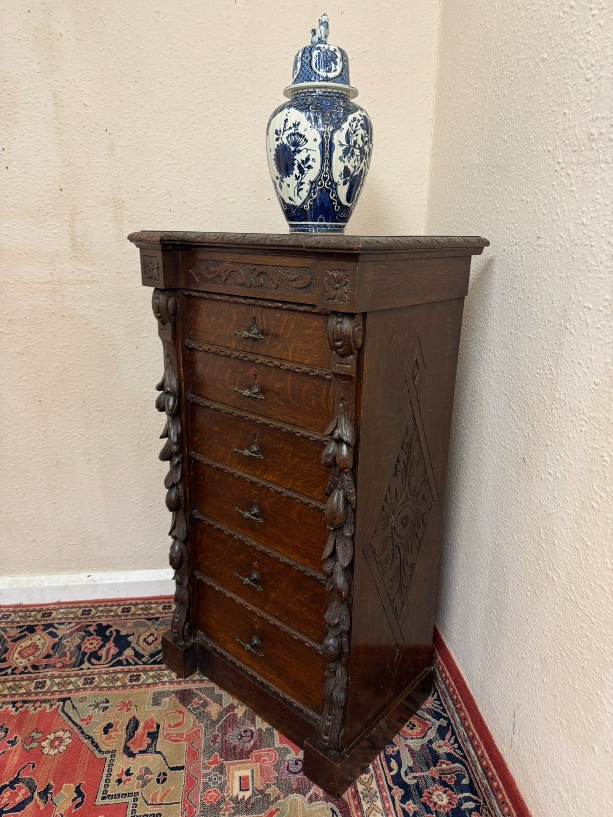 Rare 19th Century Carved Oak Wellington Chest Of Drawers Circa 1880 photo furniture