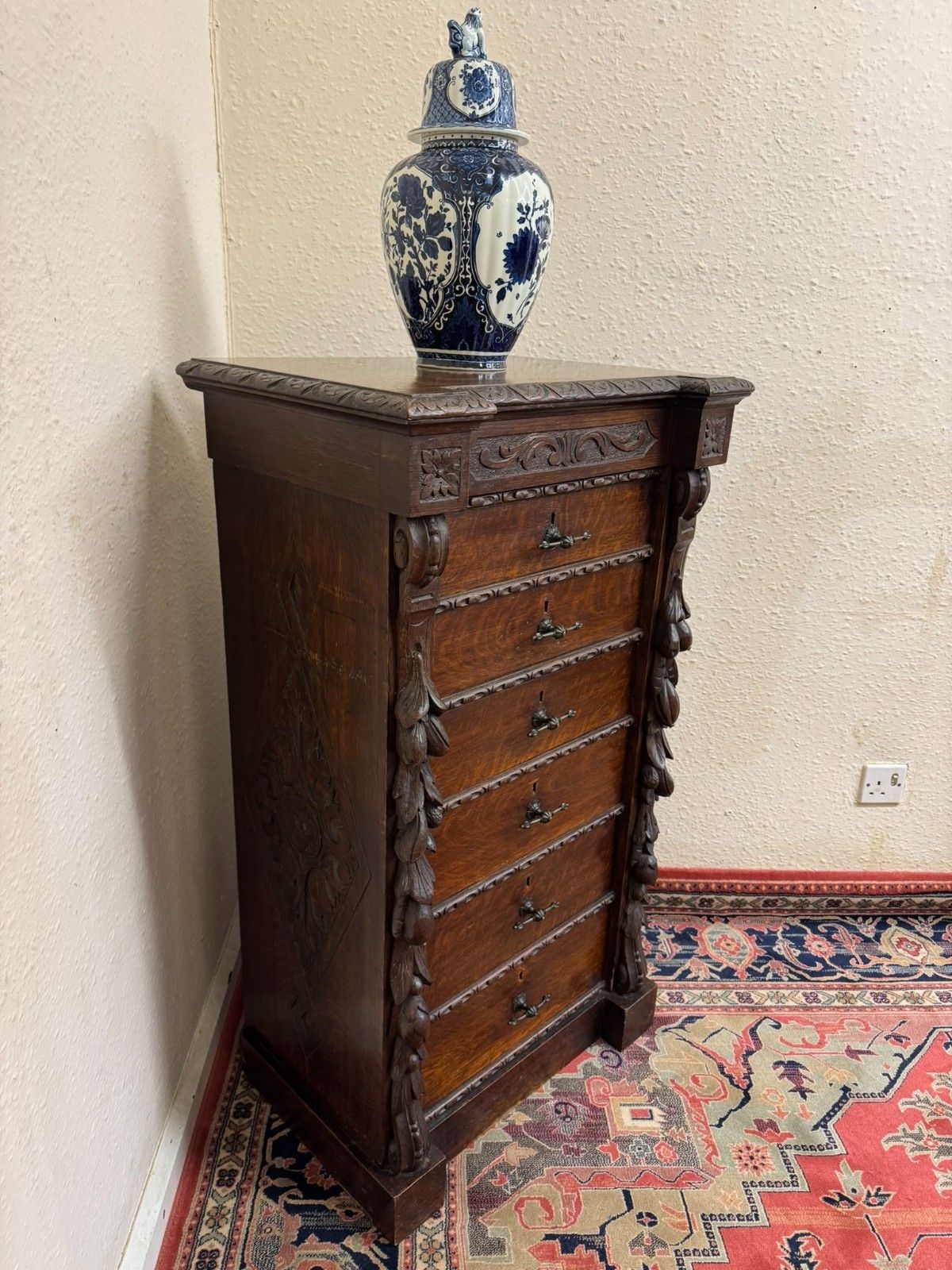 Rare 19th Century Carved Oak Wellington Chest Of Drawers Circa 1880 photo Furniture