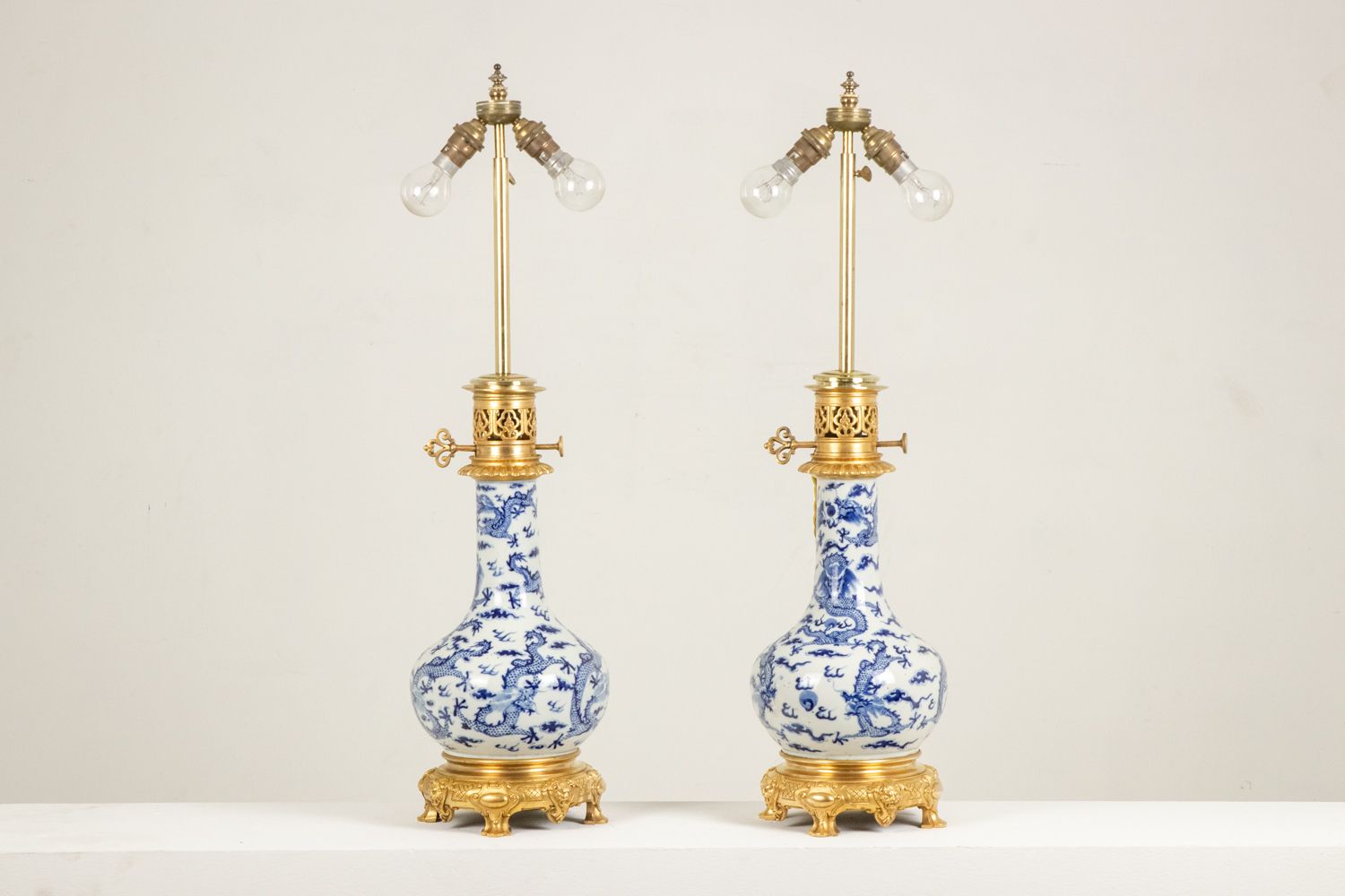 Pair Of Porcelain Lamps Decorated With Dragons, Gilt Bronze. Circa 1880 photo vinterior