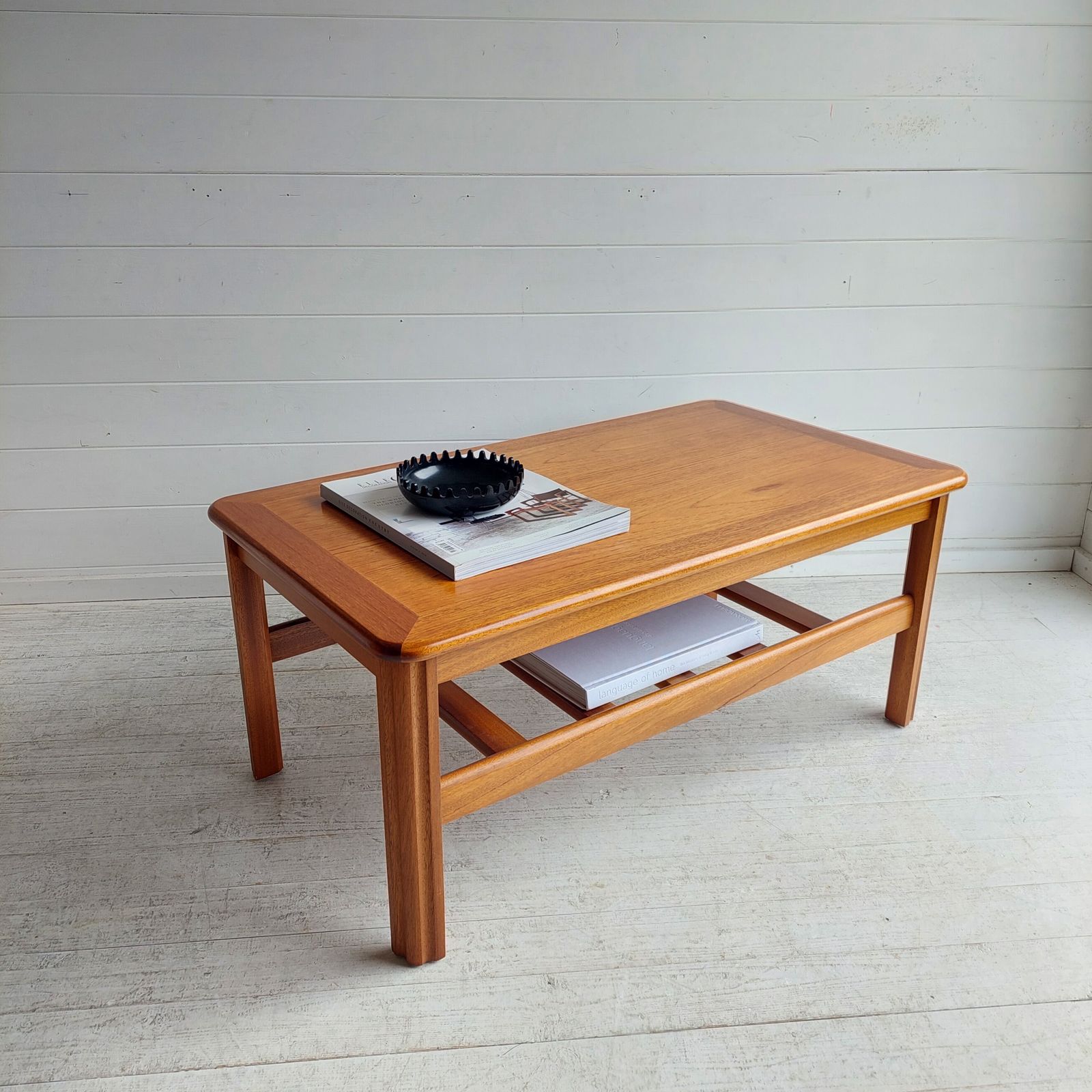 Mid Century Teak Two Tier Coffee Table With Slatted Magazine Rack. 60s Danish Gplan Style