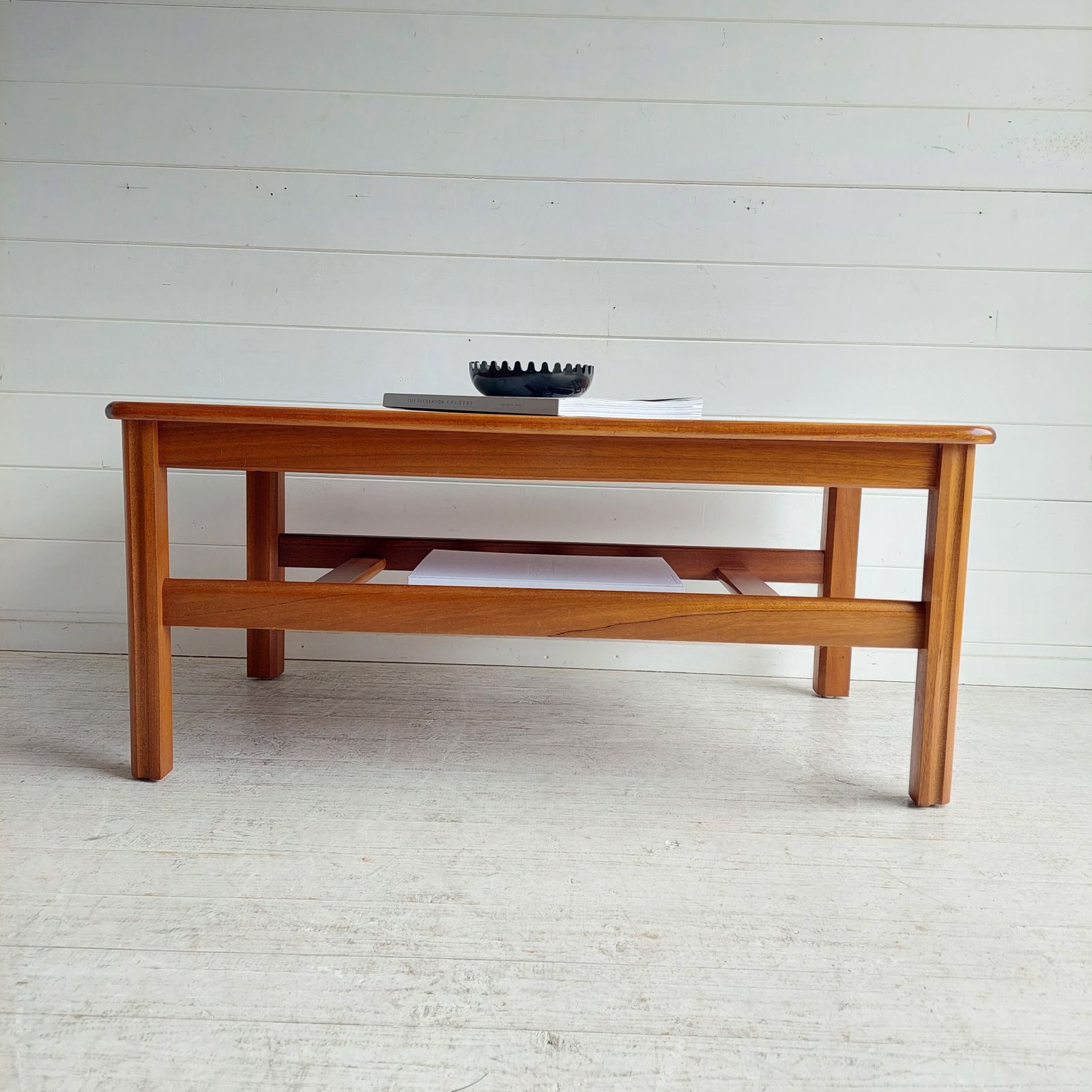 photo furniture Mid Century Teak Two Tier Coffee Table With Slatted Magazine Rack. 60s Danish Gplan Style