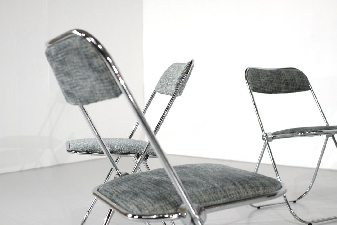 Set Of 9 Chrome Folding Chairs With Fabric From The 1970s. photo vintage