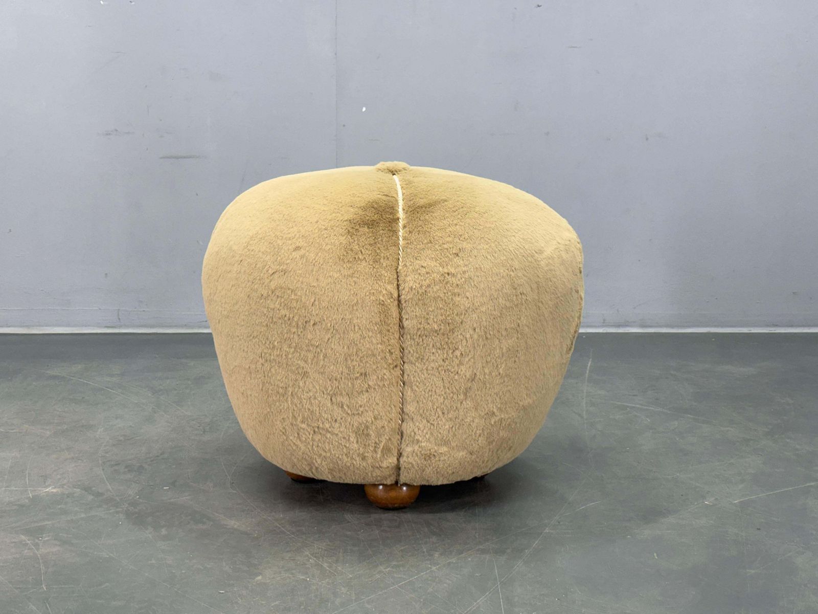 1940s Czech Art Deco Round Stool With Faux Rabbit Upholstery photo for sale