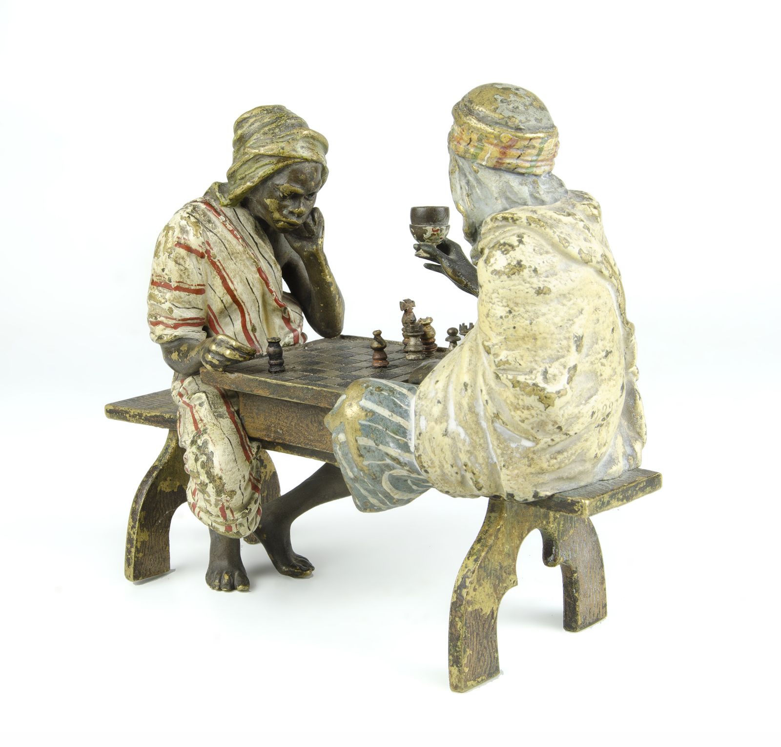 Late 19th Century Vienna Secession Cold Painted Bronze Small Sculpture Of Two Men Playing Chess By Franz Bergmann/Nam Greb, Austria photo 3550.0