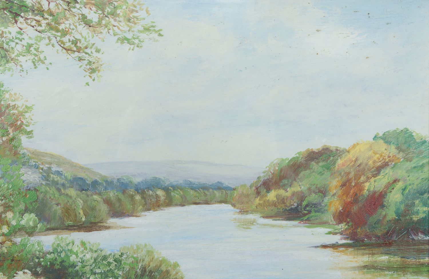 photo furniture Small Antique English Acrylic Painting Picture Of A River Landscape Scene By J. Phipps (Circa 1930)
