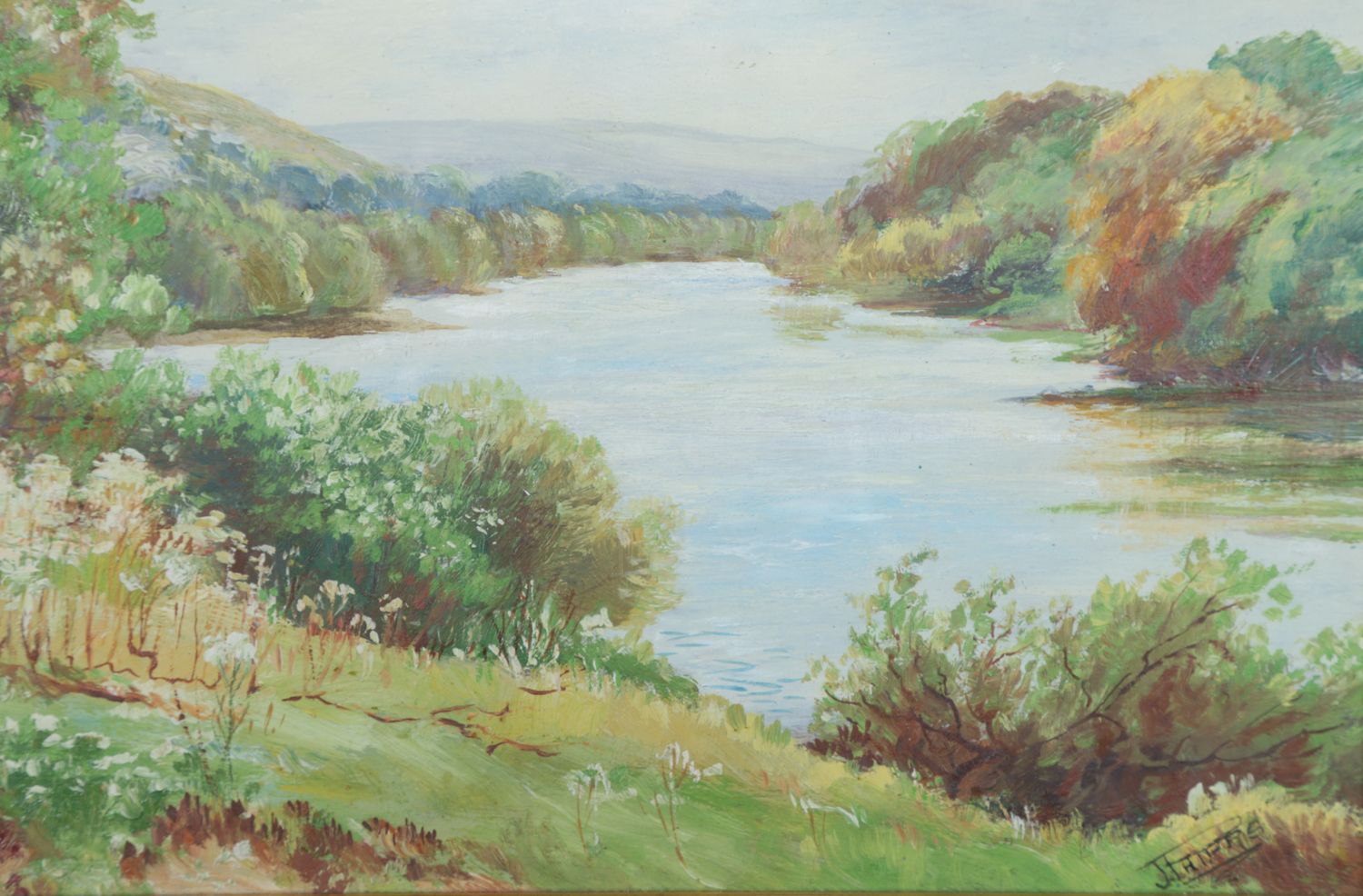 photo for sale Small Antique English Acrylic Painting Picture Of A River Landscape Scene By J. Phipps (Circa 1930)