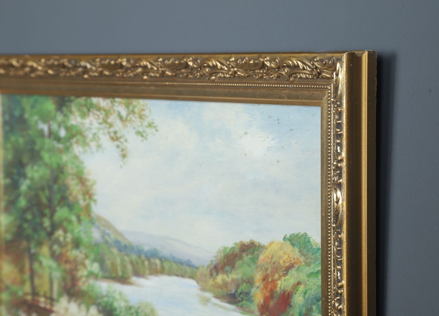 photo vinterior Small Antique English Acrylic Painting Picture Of A River Landscape Scene By J. Phipps (Circa 1930)