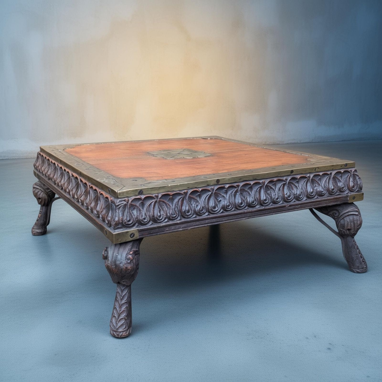 Antique Indian Bajot Low Table – 19th Century Carved Teak Chowki