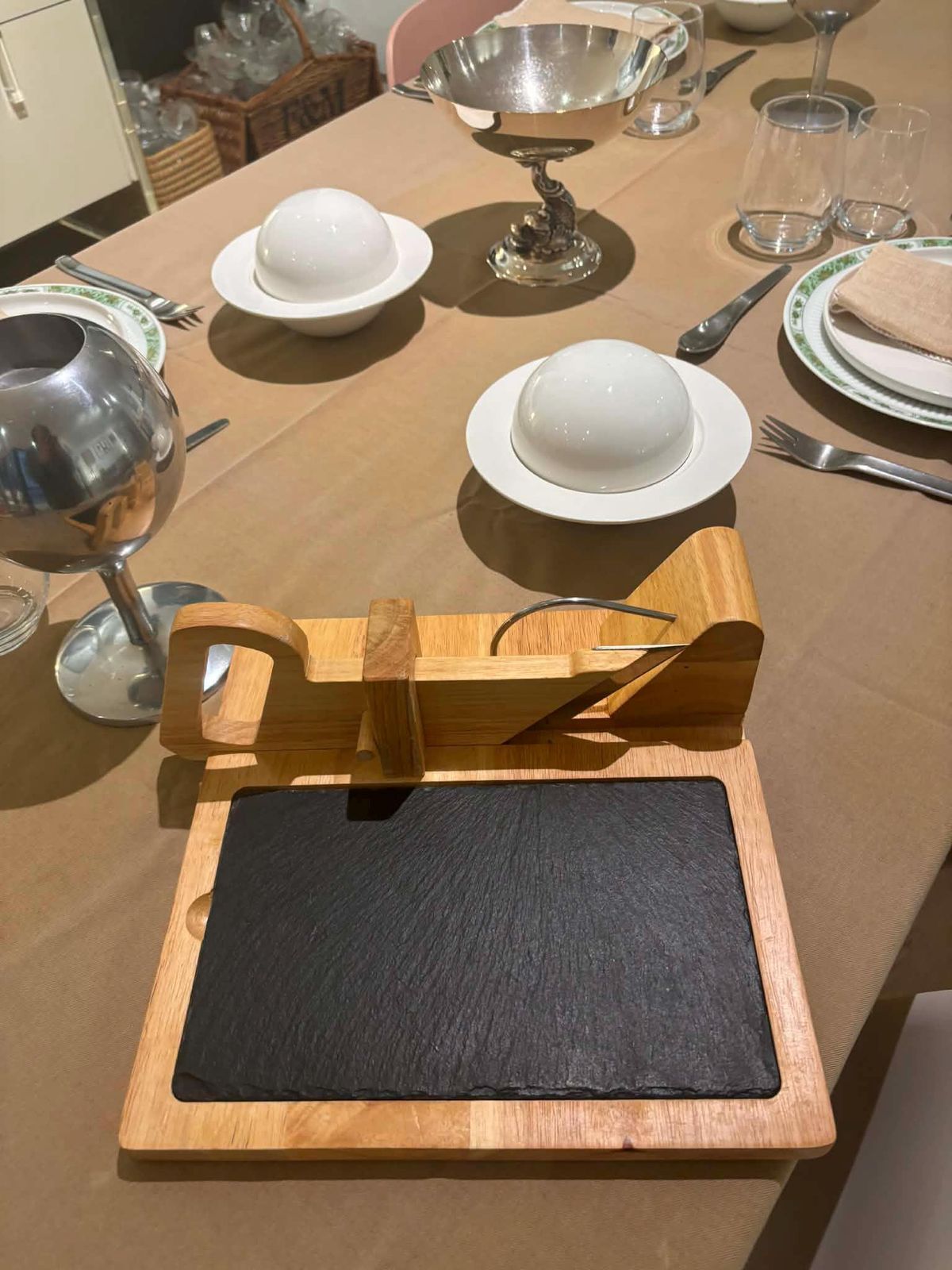 Vintage French Saucisson Guillotine – Beech Wood Salami Slicer, Stainless Steel Blade photo furniture