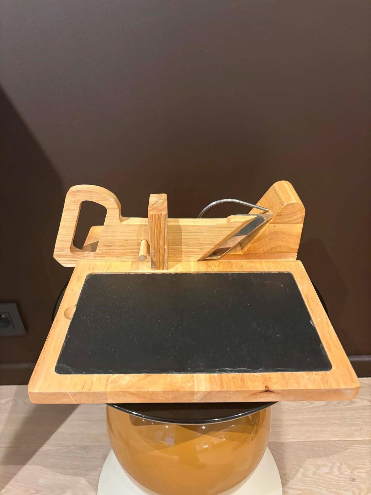Vintage French Saucisson Guillotine – Beech Wood Salami Slicer, Stainless Steel Blade photo vintage