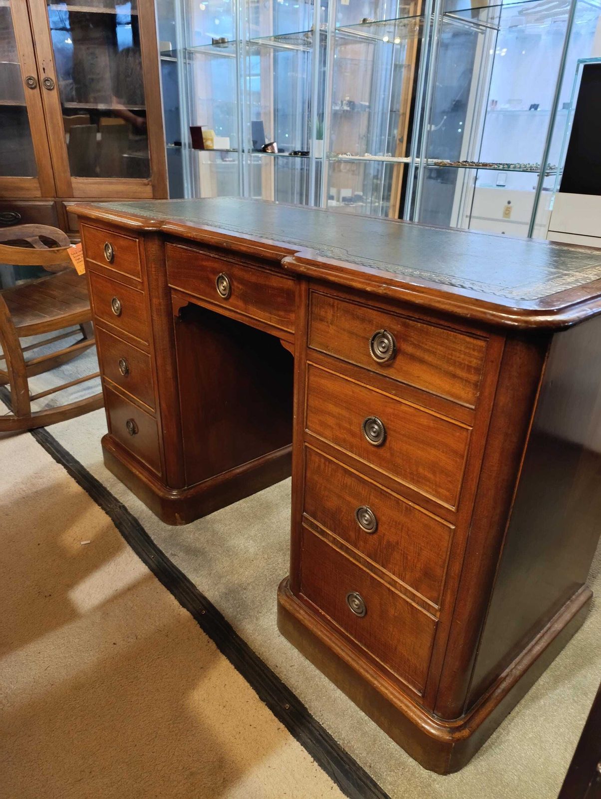 photo for sale Victorian Mahogany Pedestal Desk With Green Tooled Leather Top