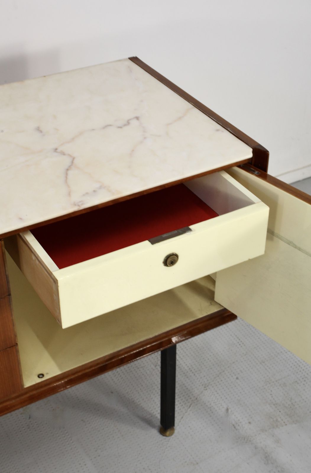 Italian Midcentury Sideboard In Teak, Carrara Marble, Brass And Steel Manufactured In Cantu. photo Furniture