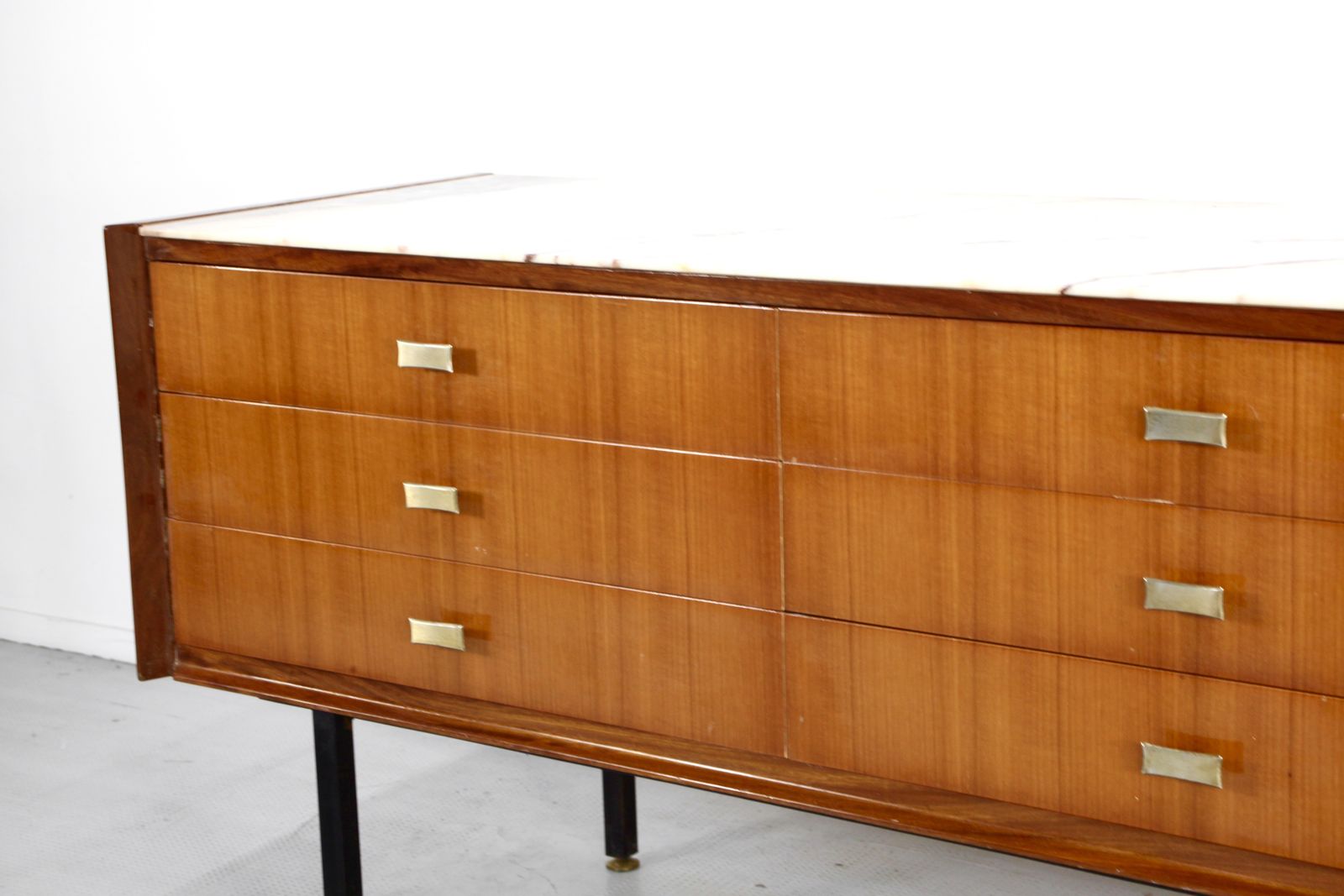 Italian Midcentury Sideboard In Teak, Carrara Marble, Brass And Steel Manufactured In Cantu. photo buy